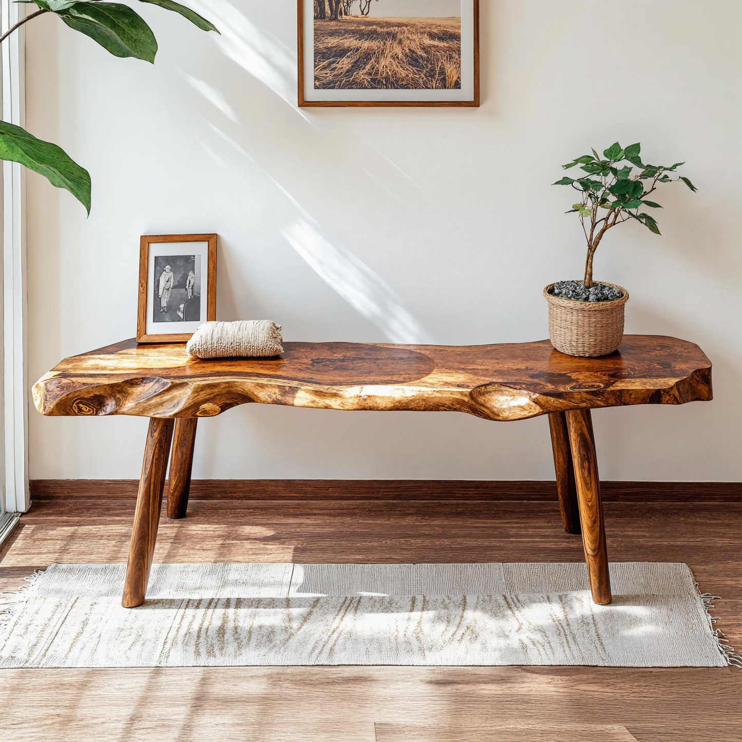 Beautifully designed wood bench ideal for cozy and warm home settings